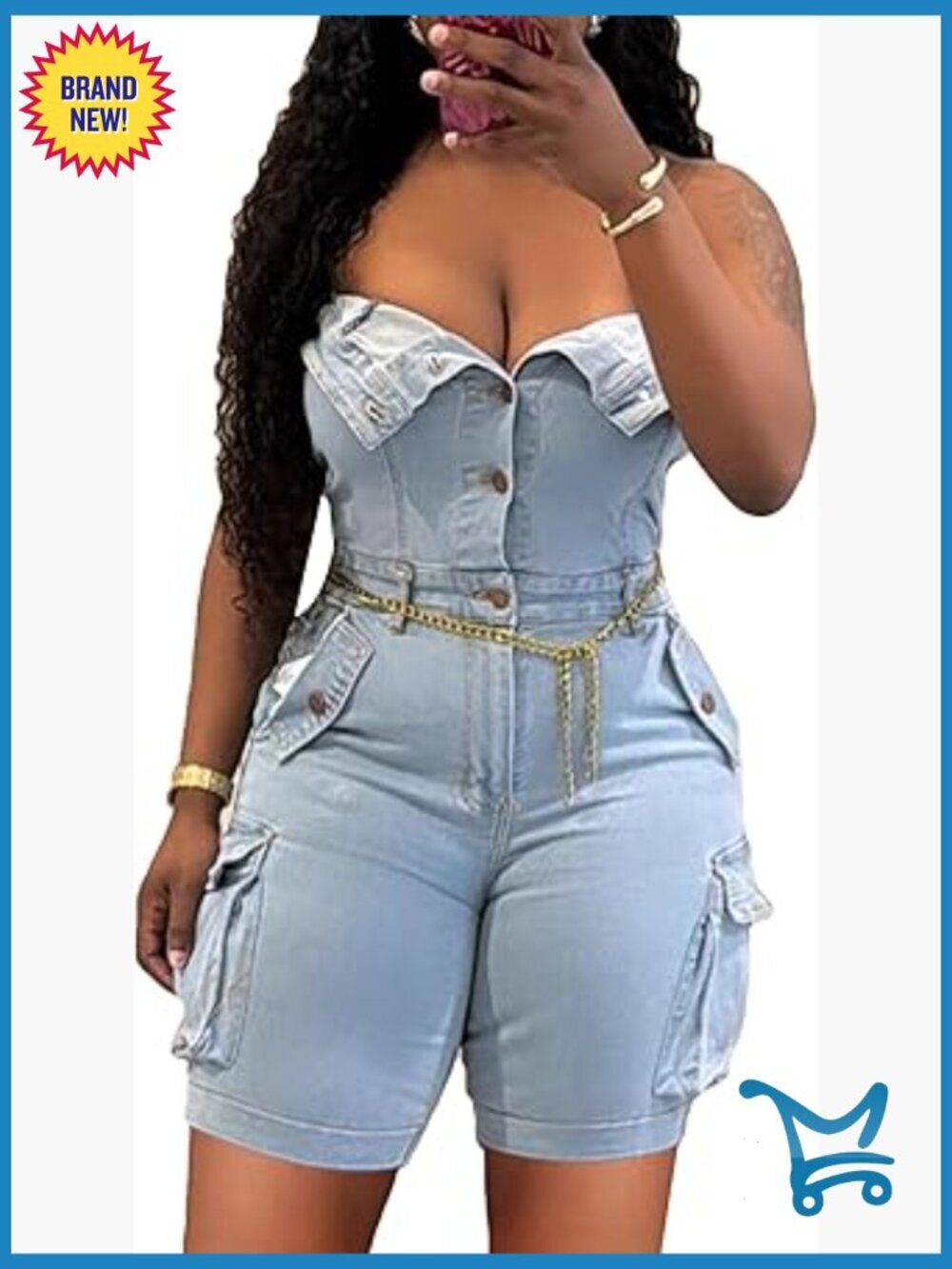 Sexy Denim Romper Strapless Tube Top Cargo Short Jumpsuit Clubwear Pockets